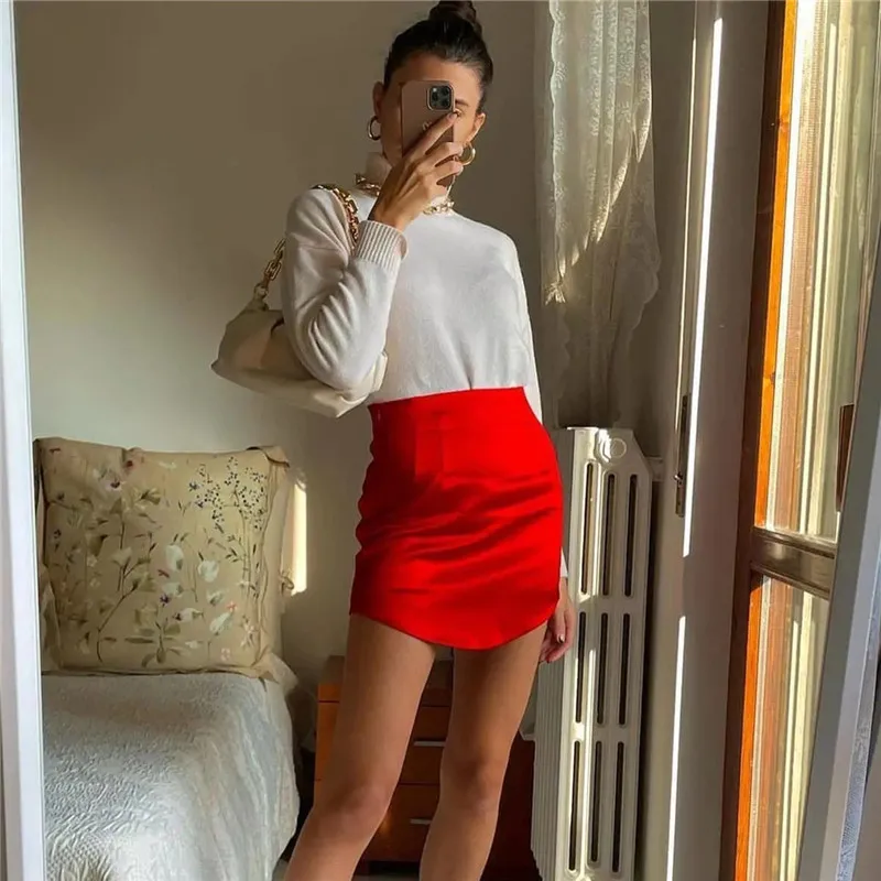 High Quality Satin Short Skirts Women Vintage Sexy Mini Women Green Red New Year Elegant Skirts High Waist A Line