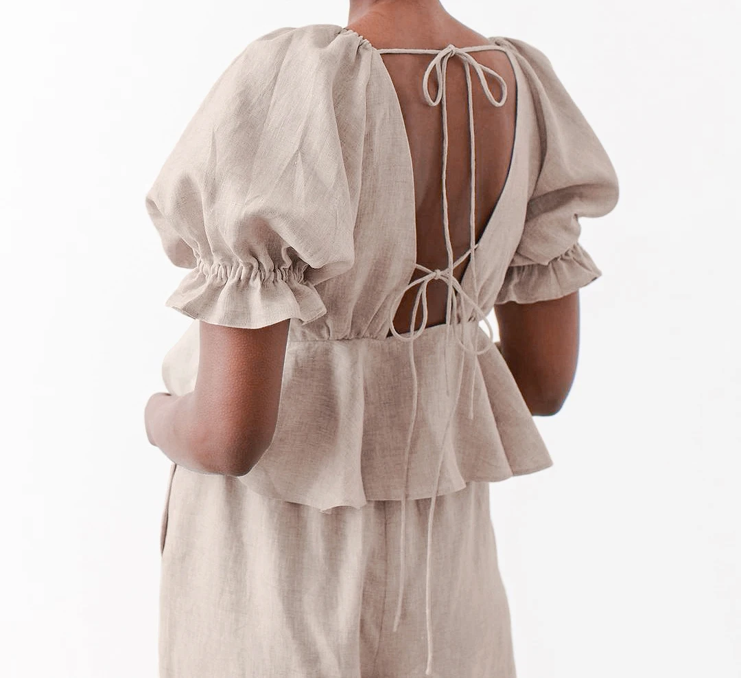 OOTN Khaki Linen Women Blouse Vintage Summer Shirt Drawstring Cotton Linen Trousers Two Piece Set Women Clothing