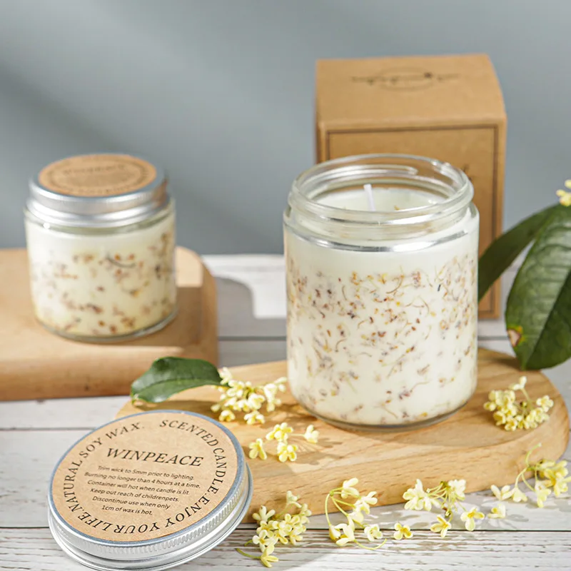 Decorative scented candle dried flower inside osmanthus fragrance bottle candle glass jar with metal closure