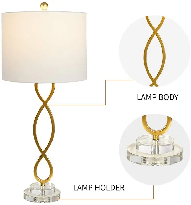Decorative Crystal Bedside Desk Lamp Set of 2 Metal Nightstand Table Lamp for Bedroom and Hotel