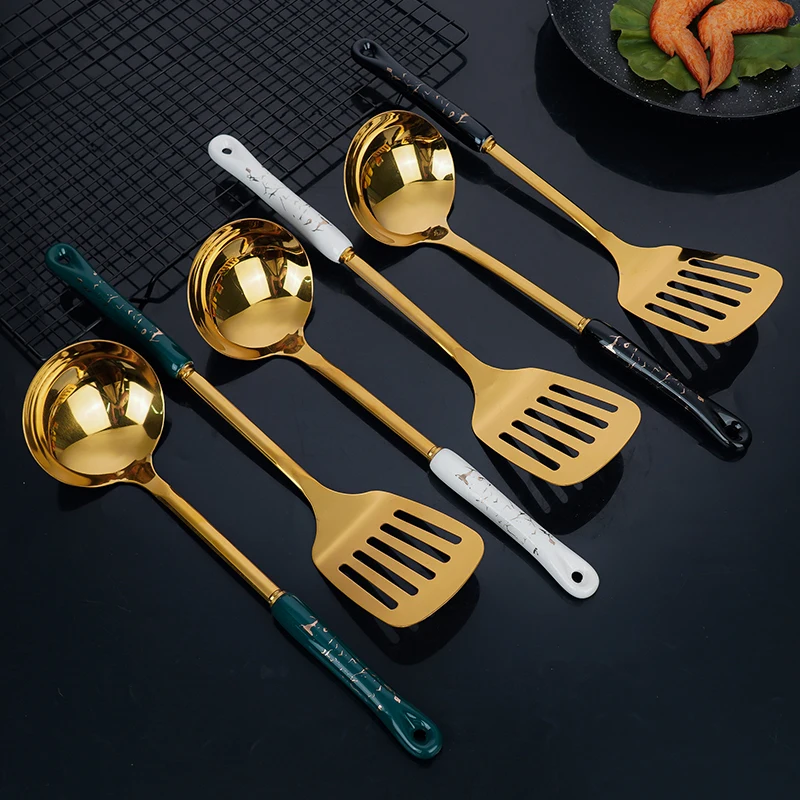 Gift Kitchen Cooking Tools Ceramic Handle Stainless Steel Gold Utensil Special Set With Storage Holder