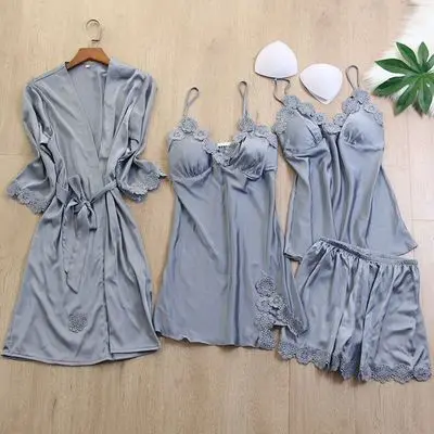 Hot new retail products four pieces sets women summer homewear bridal robe silk