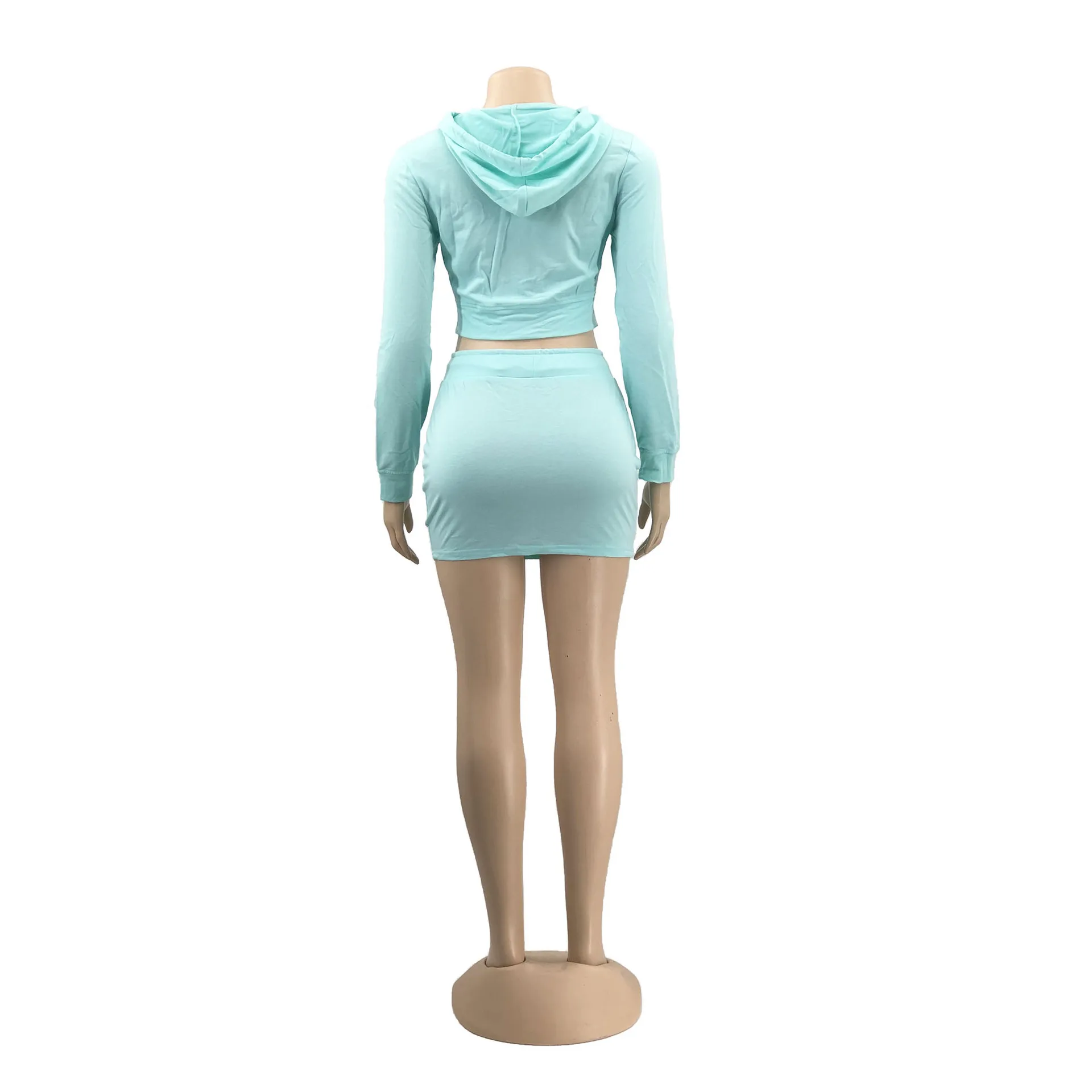 high quality fashion customized logo summer long sleeves bodycon short set with hoodie skirt suits set for women