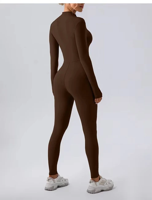 Yoke Long Sleeve Zip Bodysuits Light Jumpsuit With Tummy Control Rompers Yoga Shorts for Winter Workout Jumpsuits for Women