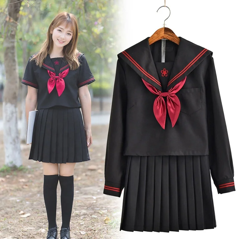 Korean Japanese Girls School Uniforms Black Harajuku Japan Clothes JK Sailor Suit Set Navy Anime Uniform Cosplay Costumes