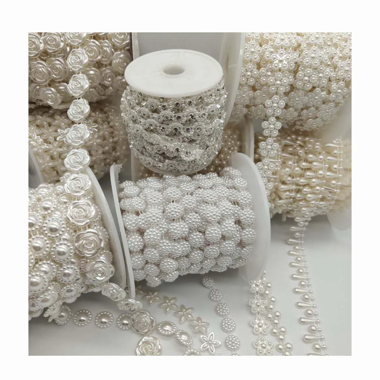 diy crystal plastic beaded chain lace scarf hat decorative beige imation drop leaf pearl trimming rhinestones string pearl trims