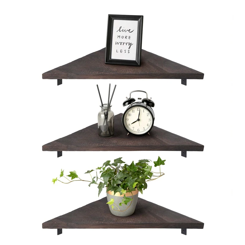 Black  Small Three Tiered  Floating Metal Wood Triangle Wall corner display Shelf