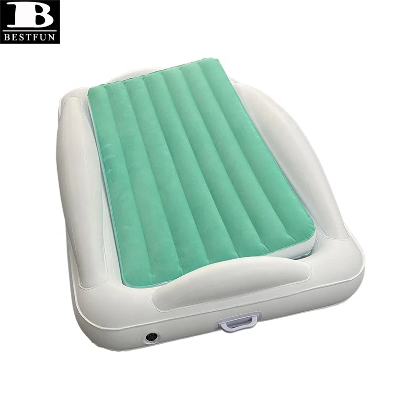 premium downy flocking surface inflatable toddler travel bed with 4-sided safety bumpers folding portable infant air mattress