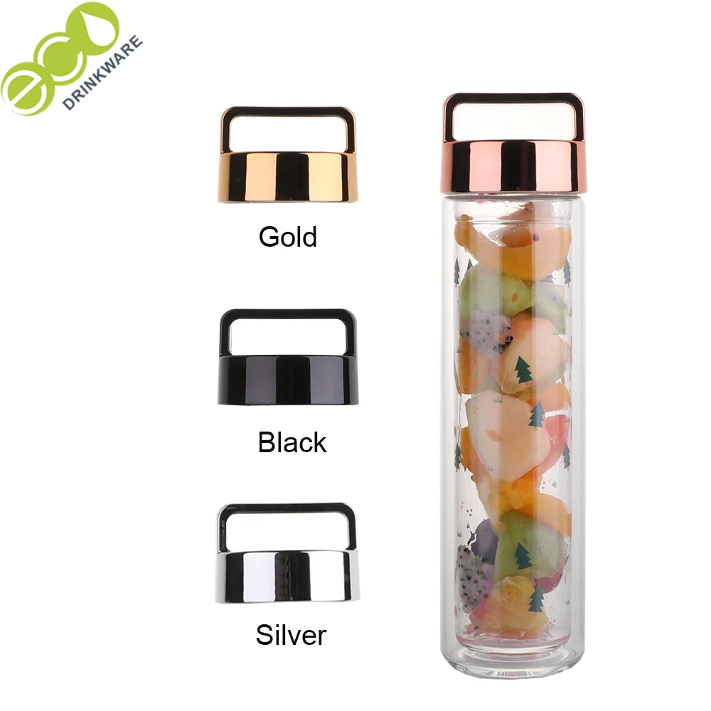 Stocked GA6080 450ML/16OZ shiny loop lid double wall borosilicate glass tea infusion water bottle tumbler