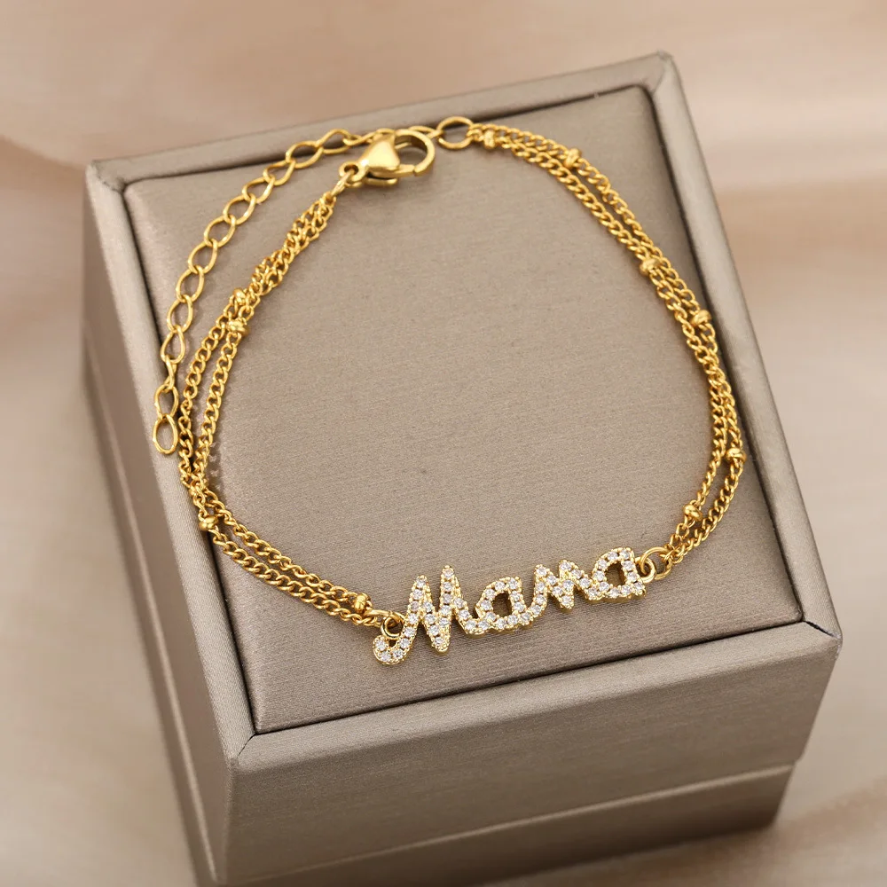 Wholesale 18K Gold Plated Zircon CZ MAMA Letter Charm Bracelet 2 Layers Stainless Steel Link Chain MAMA Bracelet For Gift