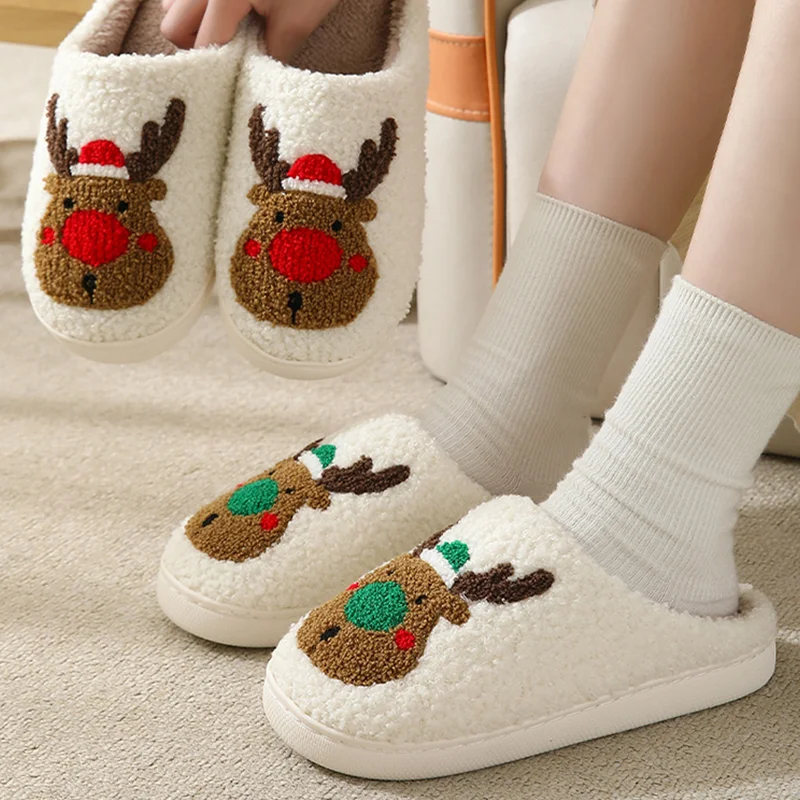 Christmas  Halloween Custom Printed Logo Cartoon Slippers Fall Winter Thicken Indoor Home Plush Fuzzy Slippers Smile Face