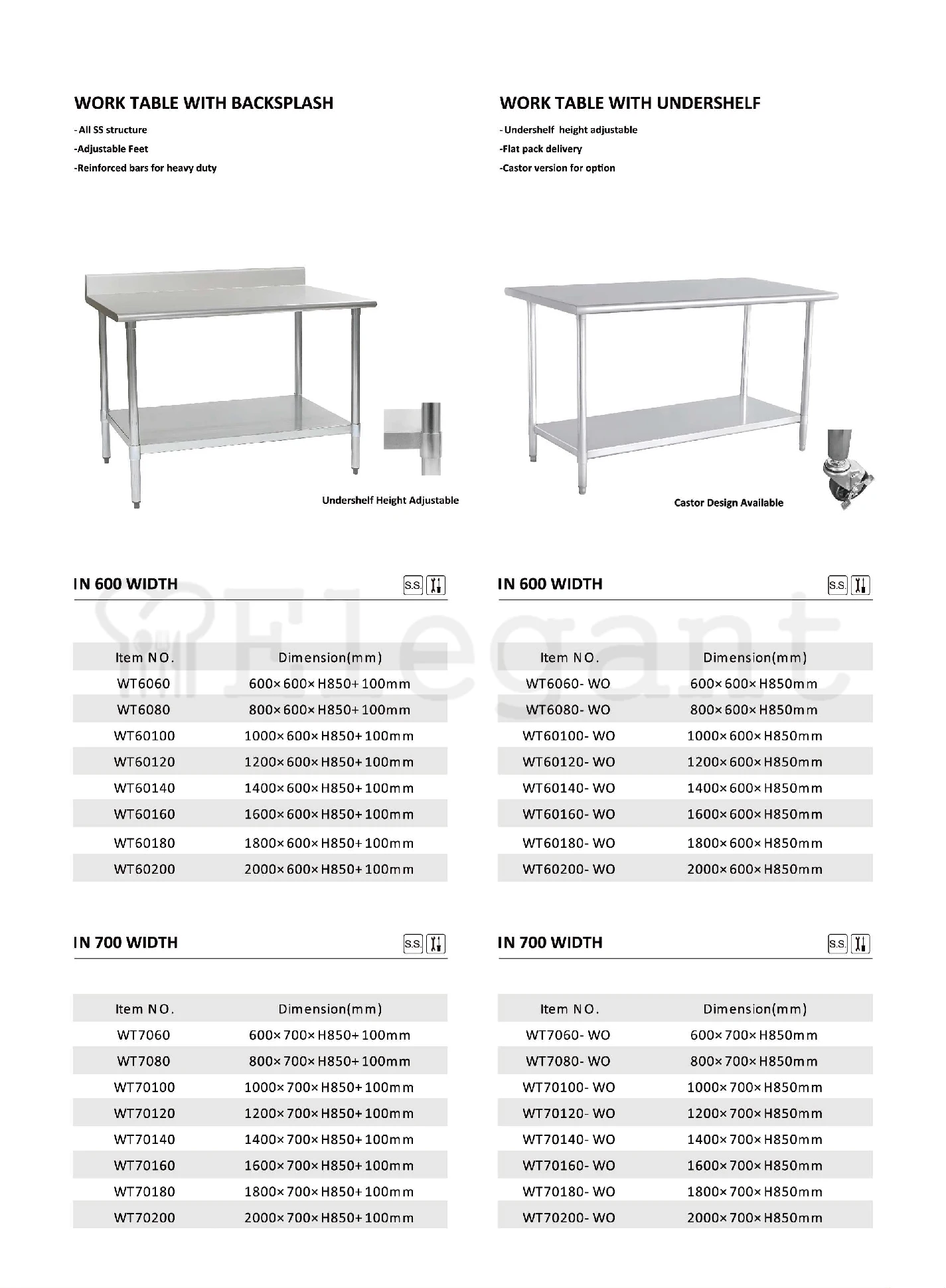 NSF Metal Commercial Stainless Steel Kitchen Prep Work Working Table for Home Hotel Kitchen Restaurant