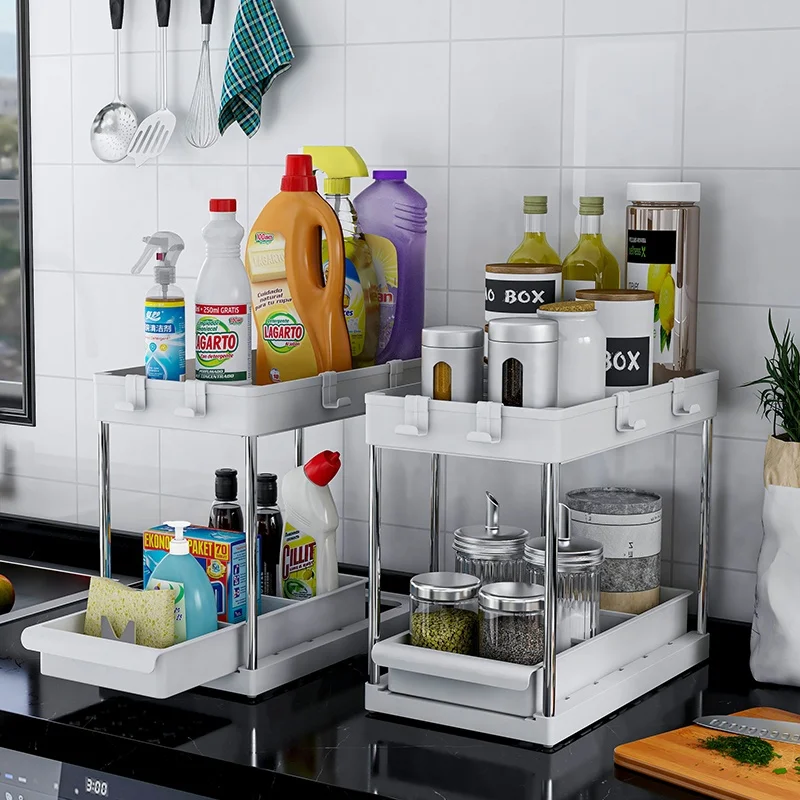 Sliding Cabinet Basket Organizer 2 Tier Under Bathroom Storage Rack with Hooks Under Sink Organizer with Drawer