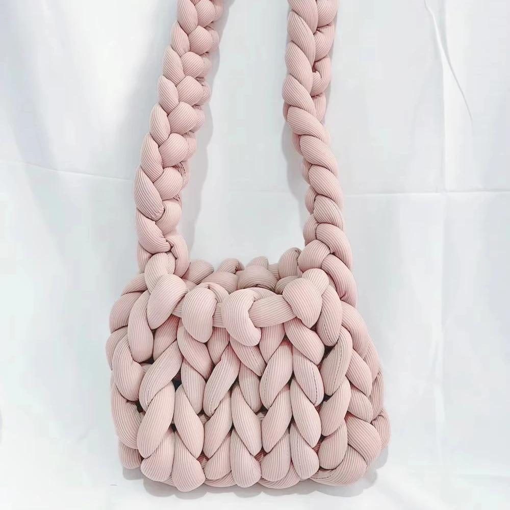 Wholesale Multi Color Handmade Crochet Messenger Bag Plush Knoting Braided Hand Bag
