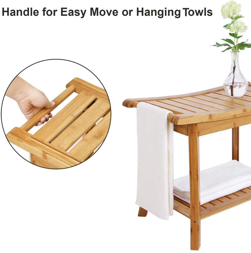 Bamboo Shower Bench and Foot Stool Set for Inside Shower - Wooden Bath Chair Waterproof Bathroom Seat with Storage Shelf