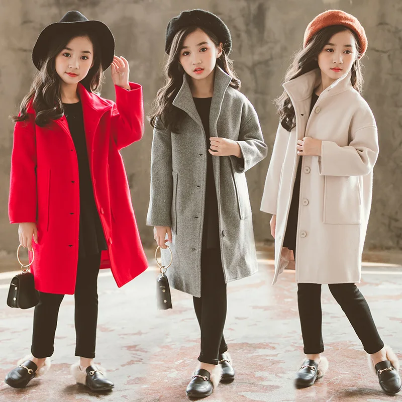 Autumn Winter Girls Fashion Teens Kids Warm Loose Children Big Pocket Wool long Outerwear Overcoat Coat