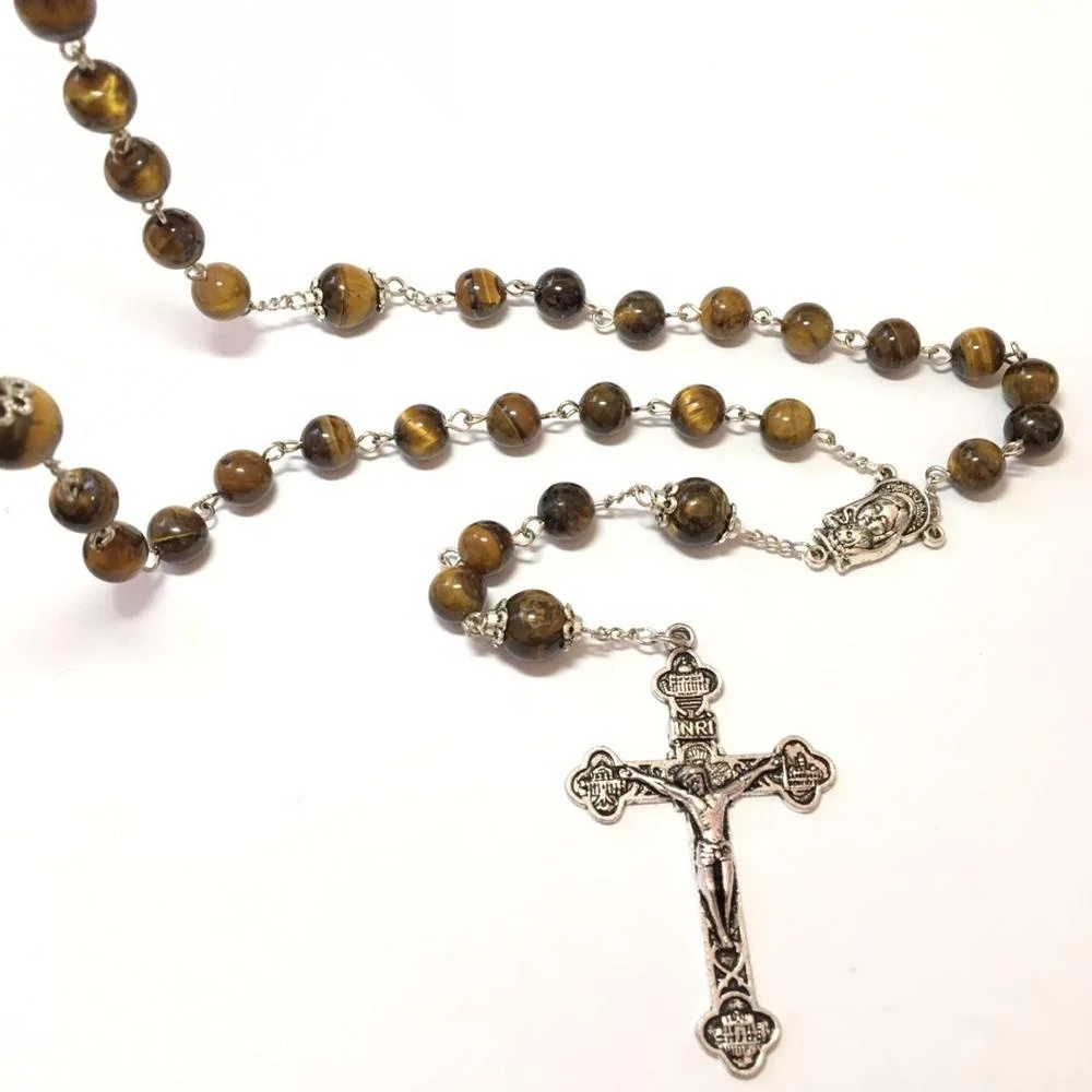 Customized tiger stone beads rosary Chaplet religious cross pendant silver plating Catholic beaded necklace Rosaries