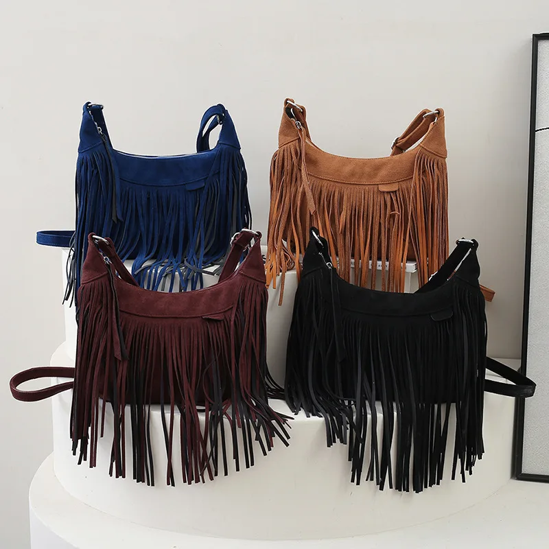 2023 Trendy Suede Leather Tassel Hobo Purse Shoulder Bag For Women Bohemian Vintage Fringe Handbags Crossbody Bag