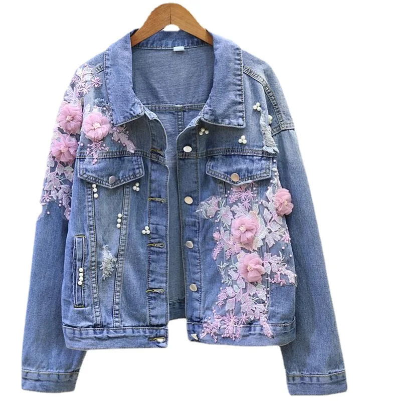Spring and Autumn New Machine Embroidery Three-Dimensional Flower Ripped Denim Short Coat for Women Loose Fitting Jacket Top