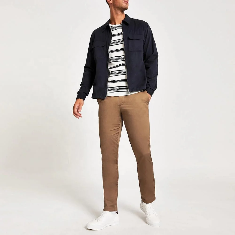 
Custom logo light brown slim fit chino trousers men skinny cotton stretch pants 