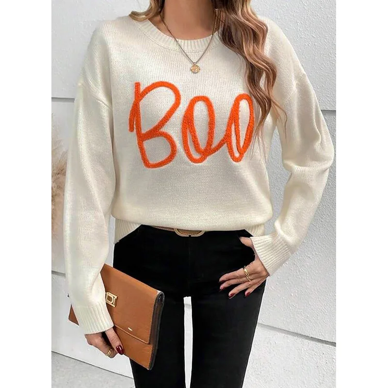 Dear-Lover Winter Fall Clothes Halloween Boo Knitted Pattern Ribbed Edge Drop Shoulder Sweaters For Women