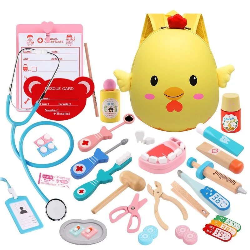 Montessori Educational Wooden Toys Set Children Pretend Play Nurse and Doctor Toy with Simulation Medicine Box Wood Material