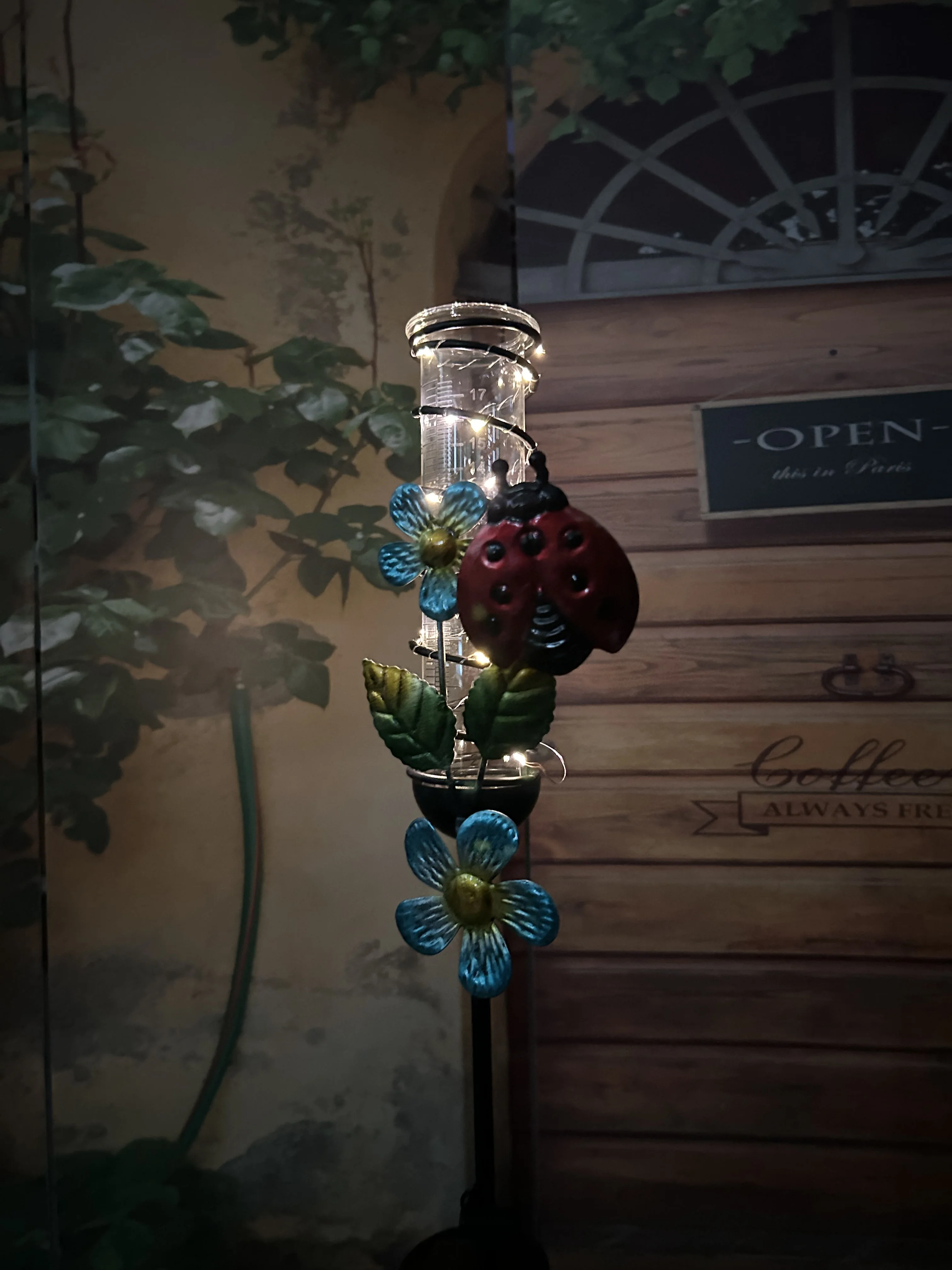 Glass Tube Rain Gauge Metal & Ladybug & Hummingbird with Solar Lights Rain Gauge Stake for Garden Decor