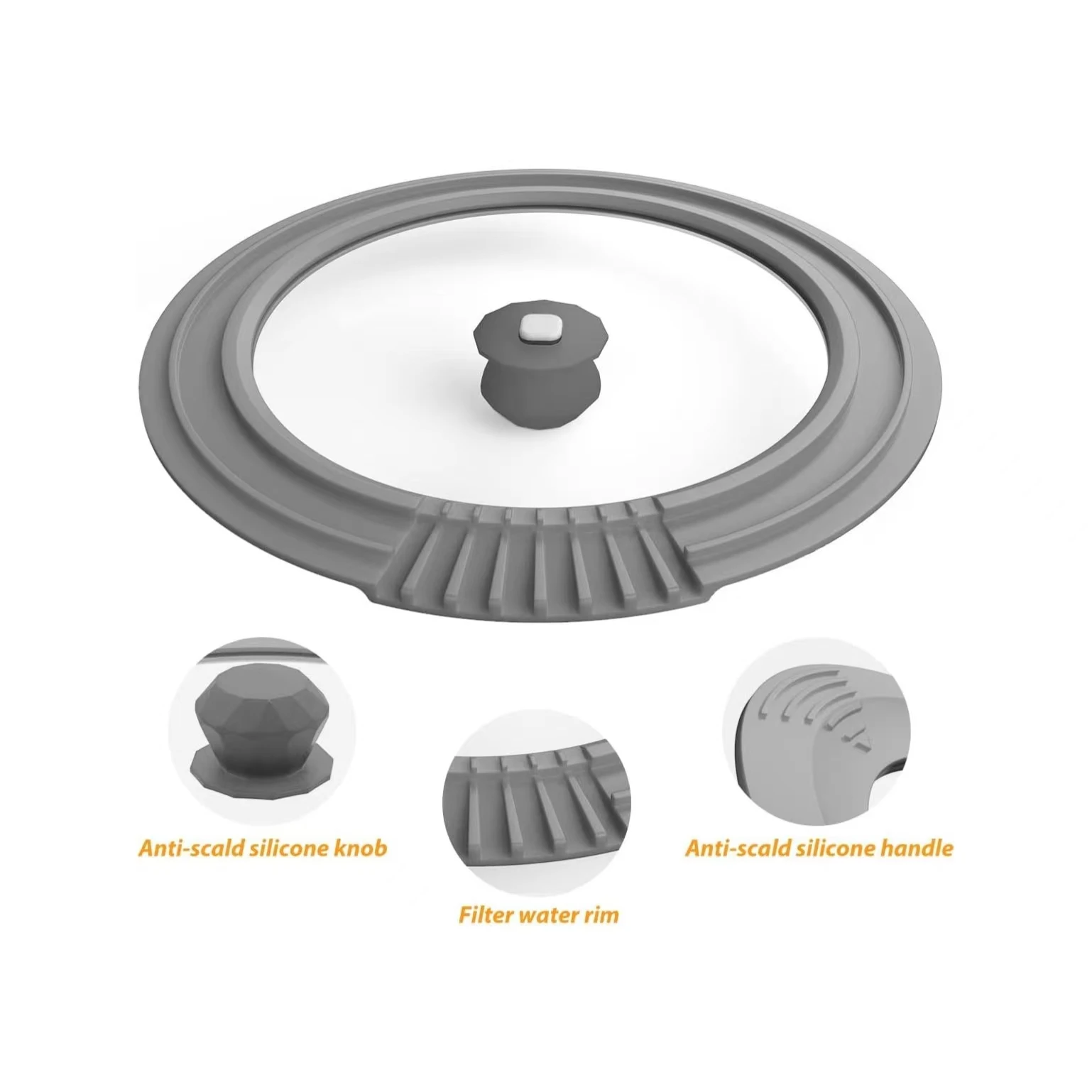 Ultra-Durable Tempered Glass Pan Lids Heat-Resistant Silicone Rim Microwave Water/Oil Pour Spout Universal Fit Cookware Parts