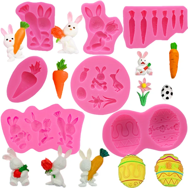 HY 7pcs Easter Fondant Molds Silicone Candy Molds Set Easter Bunny Egg Carrot Shaped for Cake Decoration