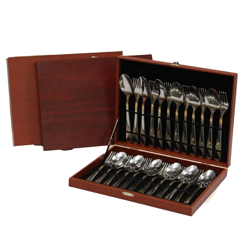 Manufacturer directly 24pcs cutlery set with wooden gift box 20pcs flatware set with paper gift box stainless steel silverware