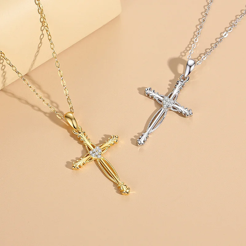 Wholesale Jewellery Rhodium Plated 925 Sterling Silver Cubic Zirconia Christian Jesus Link Chain Cross Pendant Necklace Women