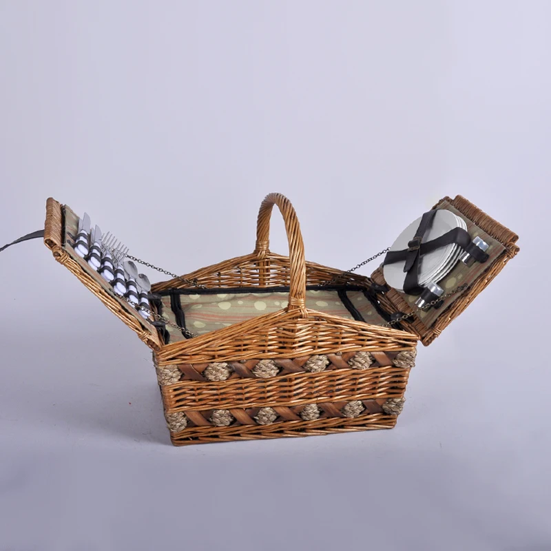 Vietnam Swing Brown Willow Rattan Food Gift Covers Handles Hand Made Square Box Picnic Storage Wicker Wine Bottle Holder Basket