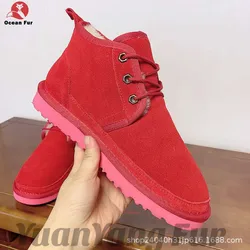 Mens womens kids red blue brown color real sheep skin plush fur snow winter warm boots  wool boots