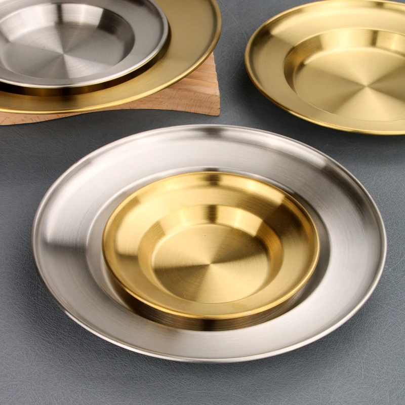 Hongyuan Luxury Metal Serving Tray Korea Style Stainless Steel Round Tray Gold Dish and Plate