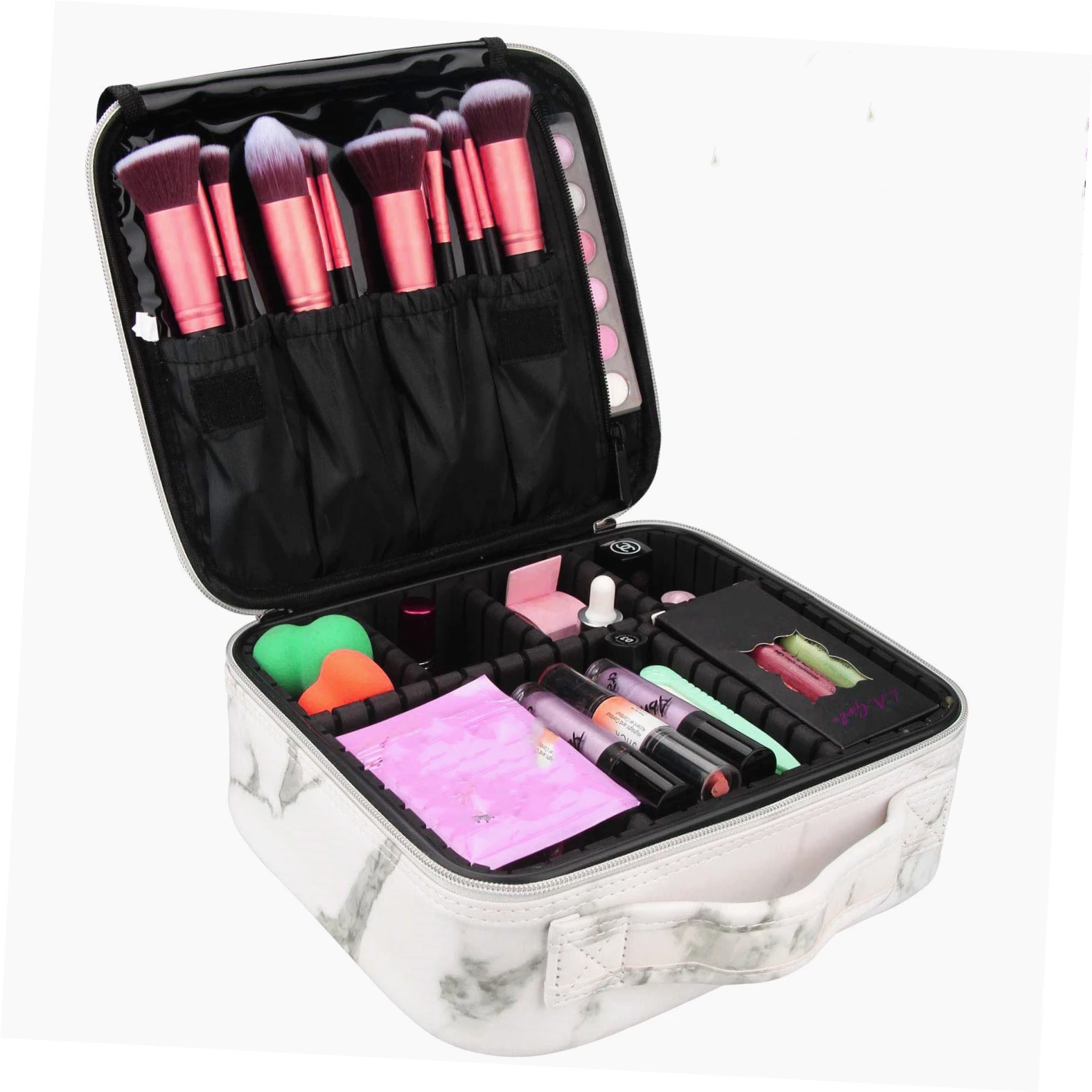 Makeup Travel Case with Adjustable Dividers Marble Makeup Organizer Train Case for Women Portable Cosmetic Bags W/ Brush Holder