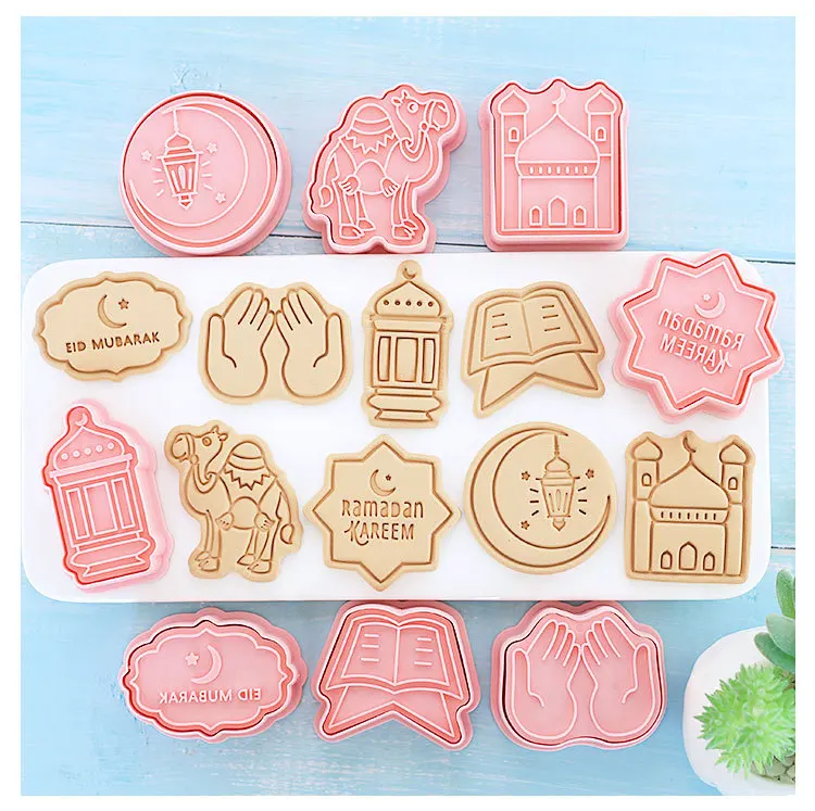 Eid Mubarak Cookie Cutters with Plunger Stamps Islamic Muslim Biscuit Mold Star Lantern Moon Ramadan Plastic Cookie Cutter EID