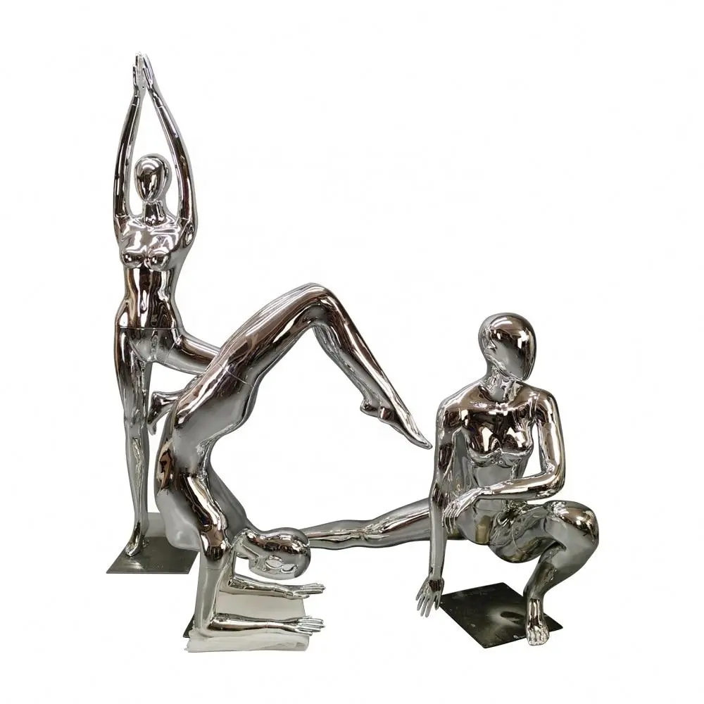 Female Full Body Abstract Fiberglass Yoga Sport Mannequin Women Bend Leg Sport Muscle Torso Display Mannequin Electroplating