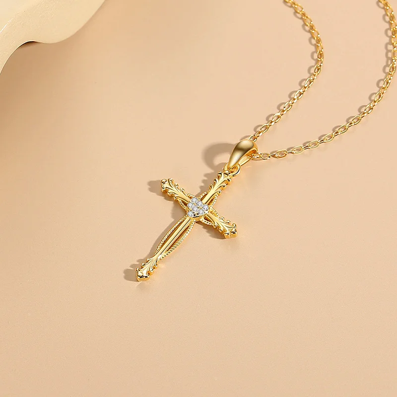 Wholesale Jewellery Rhodium Plated 925 Sterling Silver Cubic Zirconia Christian Jesus Link Chain Cross Pendant Necklace Women