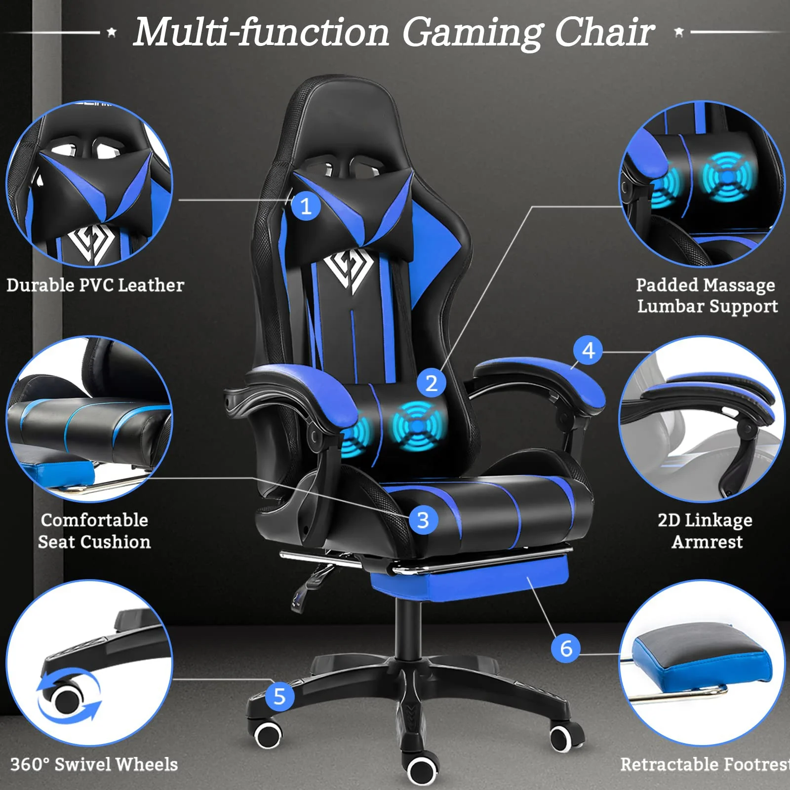 Comfty brilliant RGB LED Reclining Diamond Quilted Black Leather Racing Gaming chair with speakers Pillows Remote Control Chairs