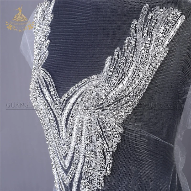 DRA-168 Fashion luxury silver embellishments crystal rhinestone bodice patches designs for clothes