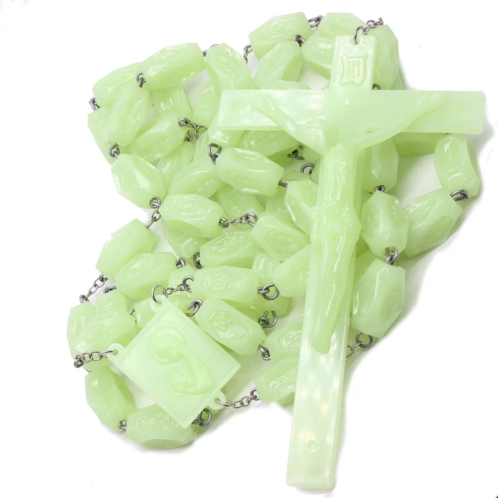 Religious Jewelry Cross Bead Luminous Plastic Glowing In Dark Prayer Rose Beads Christianity Wall Rosary Christ Necklace