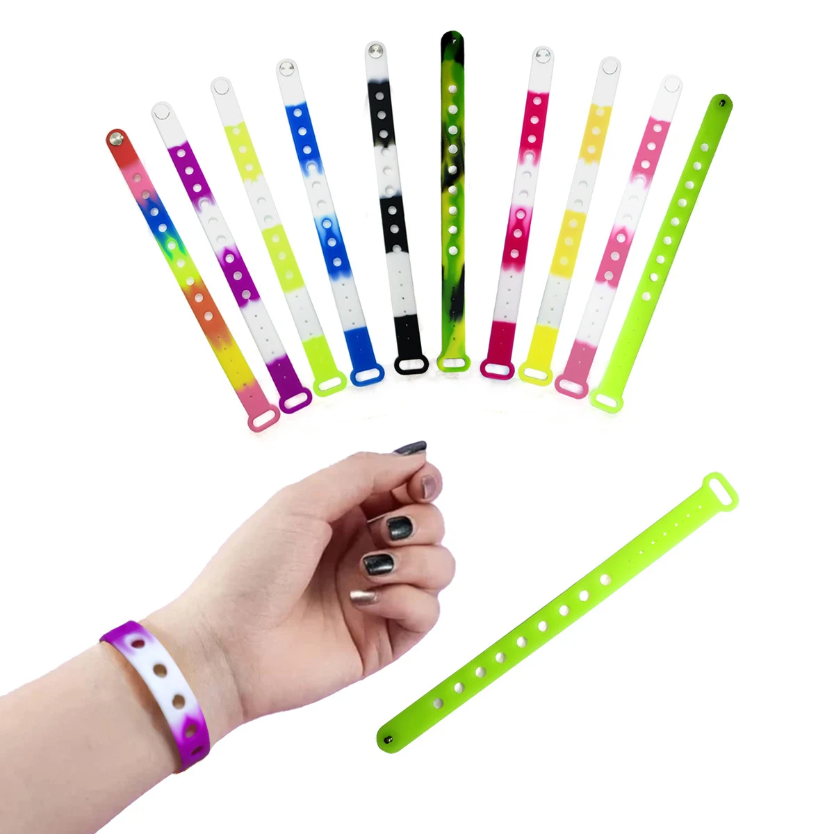 Hot selling 22.5cm Multicolor Soft Rubber silicone bracelets with holes Adjustable button sports Wristband anti-static bracelets