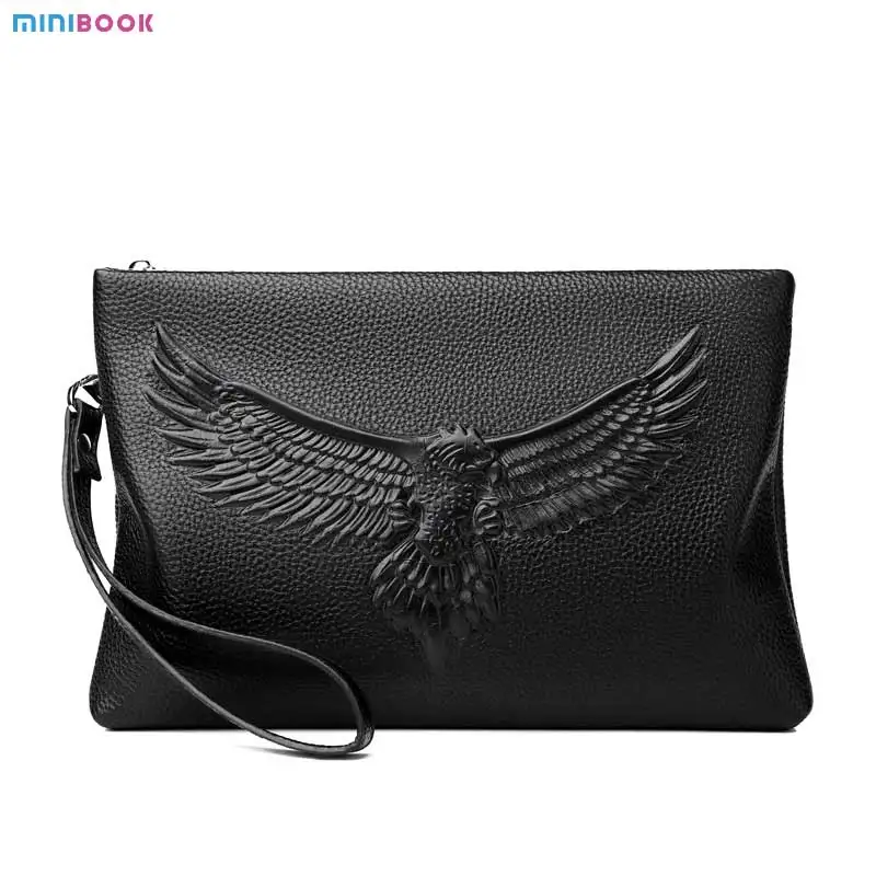 Wholesale Business Style Genuine Leather Clutch Bag For Men Fashion Embossing Eagle Black Envelope Clutch Hand Bag For Men
