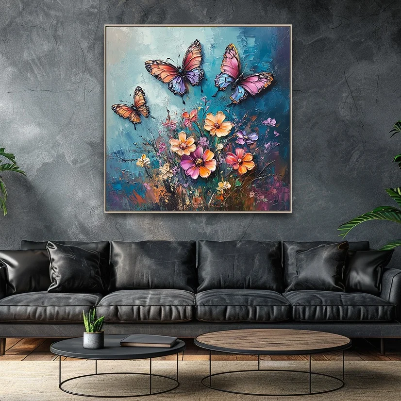 Custom Modern Hot Selling Oil Paintings Butterfly Backside Hand-painted Brush Flowers Canvas Art Prints For Hotel Projects