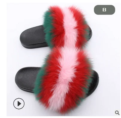 2020 customized Color matching wholesale fur slides fluffy fox slippers  purse real fox fur slippers women Raccoon fur