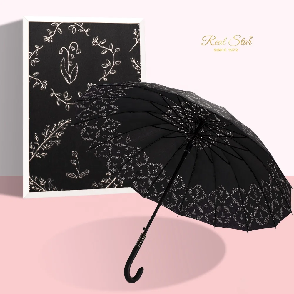 RST new printing long straight woman rain umbrella updated handle 16 ribs windproof umbrella