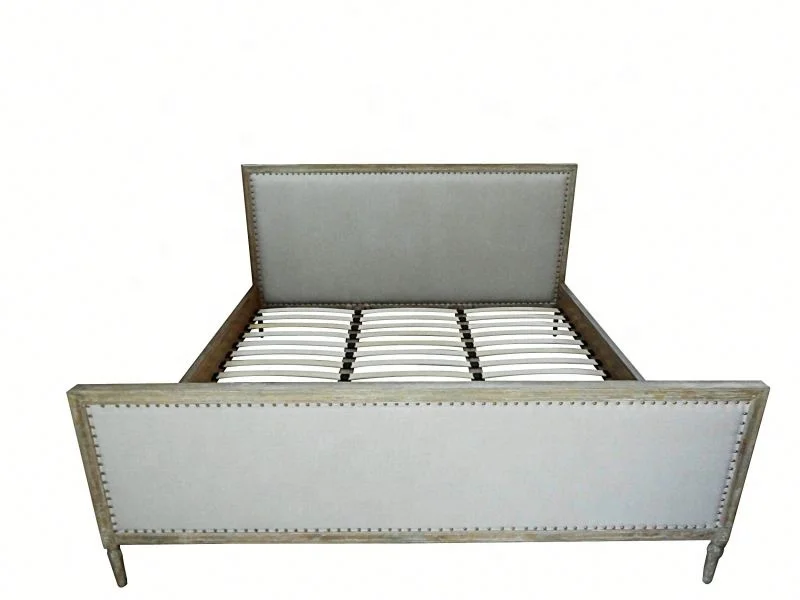 HL025 Antique Natural Wooden Nailhead Trim Frame King Size Upholstered Linen Fabric Hotel Bed with Footboard Woodcarving Legs