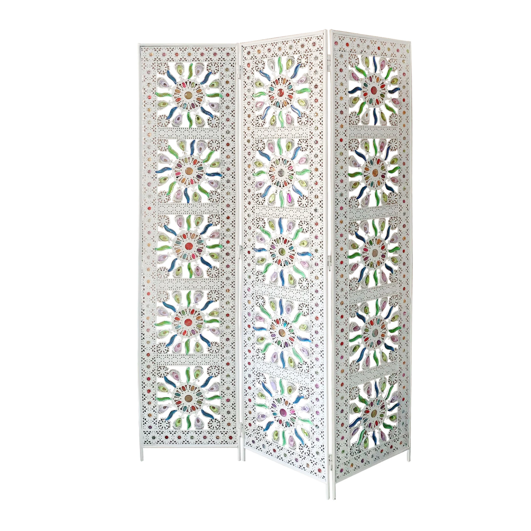 Antique White 4 Panel folding Screen carved on both sides Handcrafted Wood Room Divider