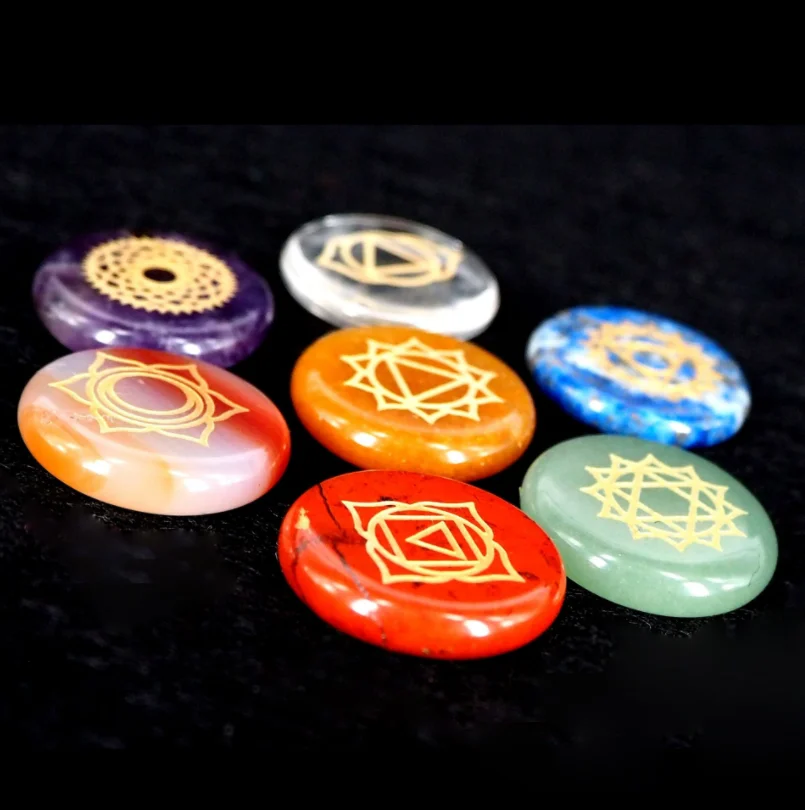 7 Seven Chakra Engraved Holistic Balancing Polished Reiki Healing Solids Crystal Mens Chakra Symbols Tumbled Palm Stone Sets Kit