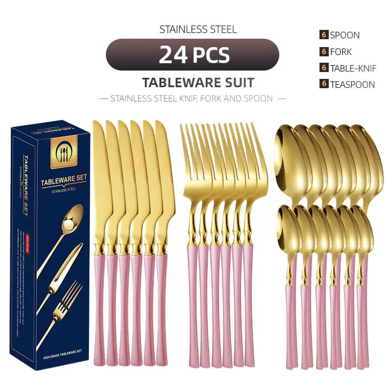Customized 24 Pieces amazon hot selling 2023 luxury Kitchen Stainless Steel Western wedding vintage gold cutlery flatware set